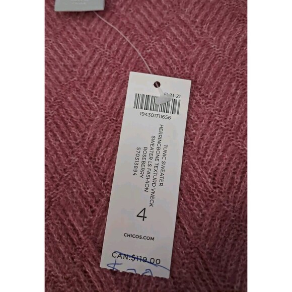 NWT Chico's Herringbone Textured V-Neck Sweater Roseberry Pink Soft Womens 4 XXL - Picture 5 of 7